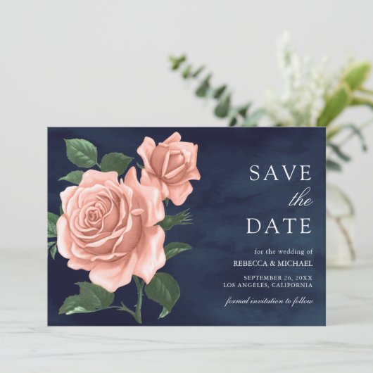 Rustieke Navy Blue Dusty Peach Rozen Wedding Save The Date (Staand voorkant)