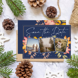 Rustieke Navy Blue Fall laat drie foto bruiloft Save The Date