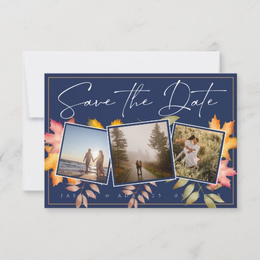 Rustieke Navy Blue Fall laat drie foto bruiloft Save The Date (Voorkant)
