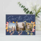 Rustieke Navy Blue Fall laat drie foto bruiloft Save The Date (Staand voorkant)