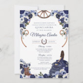 Rustieke Navy Blue Flora Westerne Charro Quinceane Kaart (Voorkant)