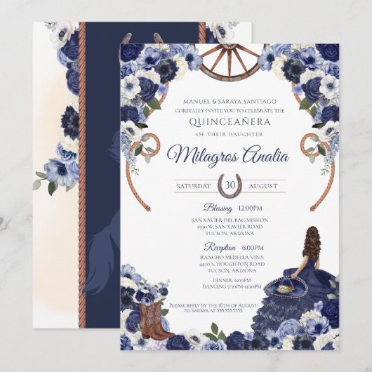 Rustieke Navy Blue Flora Westerne Charro Quinceane Kaart (Voorkant / Achterkant)