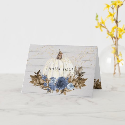 Rustieke Navy Blue Floral Herfst Pompoen Dank u Kaart (Gele Bloem)