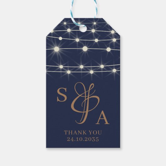 Rustieke Navy Blue & Gold String lichten Cadeaulabel (Voorkant)