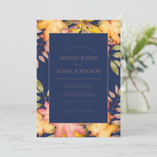 Rustieke Navy Blue Herfst herfst bladeren bruiloft Kaart (Staand voorkant)