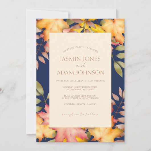 Rustieke Navy Blue Herfst herfst bladeren bruiloft Kaart (Voorkant)