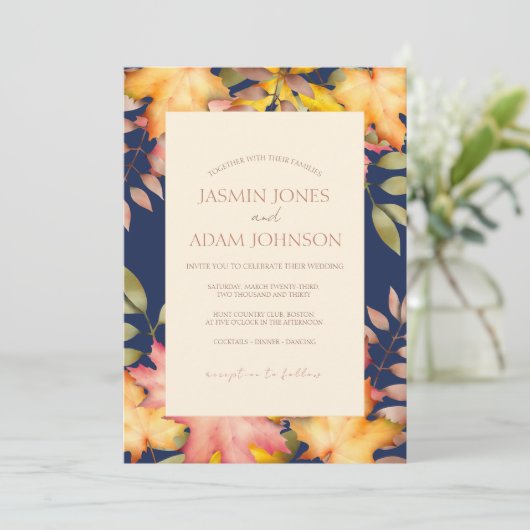Rustieke Navy Blue Herfst herfst bladeren bruiloft Kaart (Staand voorkant)