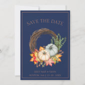 Rustieke Navy Blue Herfst Herfst Pompoenen Bruilof Save The Date (Voorkant)