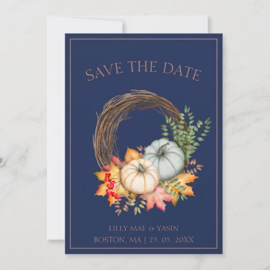 Rustieke Navy Blue Herfst Herfst Pompoenen Bruilof Save The Date (Voorkant)