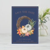 Rustieke Navy Blue Herfst Herfst Pompoenen Bruilof Save The Date (Staand voorkant)