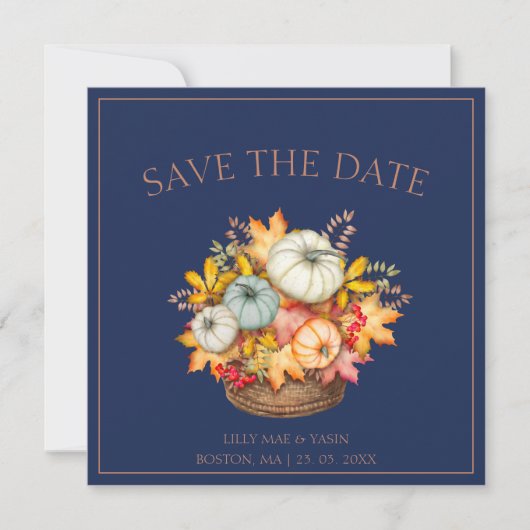 Rustieke Navy Blue Herfst Herfst Pompoenen Bruilof Save The Date (Voorkant)