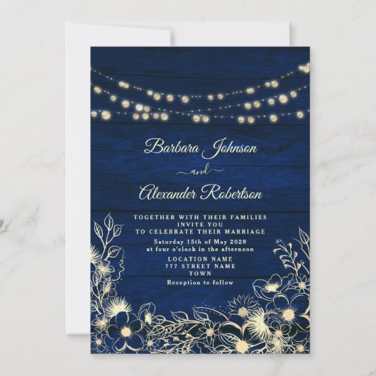 Rustieke Navy Blue String Lights Bloemen Huwelijk Kaart (Voorkant)