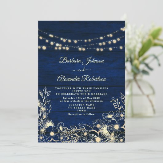 Rustieke Navy Blue String Lights Bloemen Huwelijk Kaart (Staand voorkant)