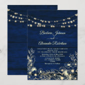 Rustieke Navy Blue String Lights Bloemen Huwelijk Kaart (Voorkant / Achterkant)