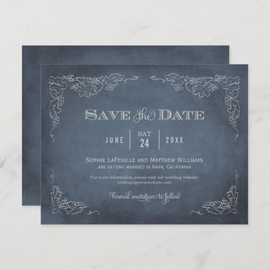 Rustieke Navy Blue  Vineyard bruiloft Save The Date (Voorkant / Achterkant)