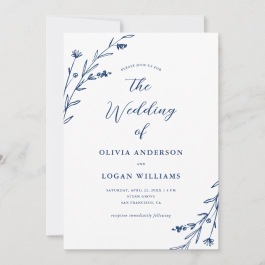 Rustieke Navy Blue Wildflower Boho bruiloft Kaart (Voorkant)