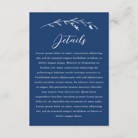 Rustieke Navy Blue Wildflower bruiloft details Informatiekaartje (Voorkant)