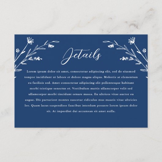 Rustieke Navy Blue Wildflower bruiloft details Kaa Informatiekaartje (Voorkant)