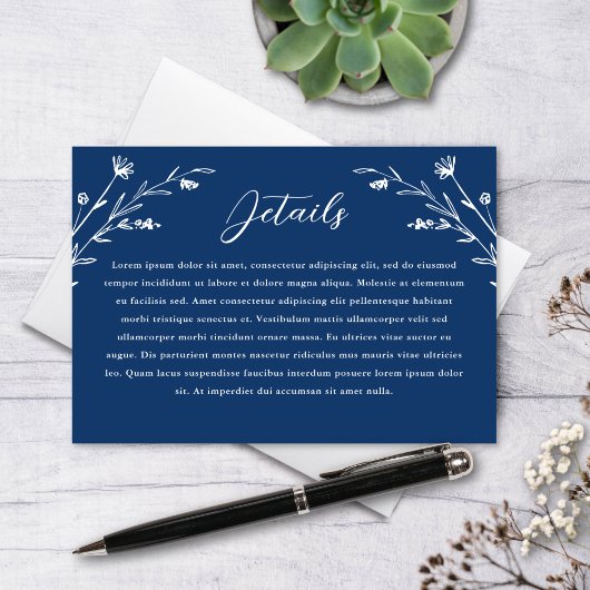 Rustieke Navy Blue Wildflower bruiloft details Kaa Informatiekaartje