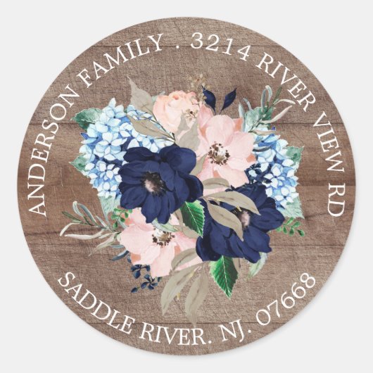 Rustieke Navy & Blush Bloem Adreslabel Sticker (Voorkant)