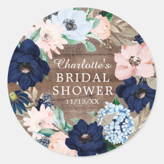 Rustieke Navy & Blush Bloemachtige Bruiloft Feest  Ronde Sticker