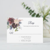 Rustieke Navy Bourgogne Gouden Waterverf Bloemen R RSVP Kaartje (Staand voorkant)