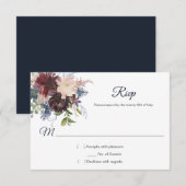 Rustieke Navy Bourgogne Gouden Waterverf Bloemen R RSVP Kaartje (Voorkant / Achterkant)
