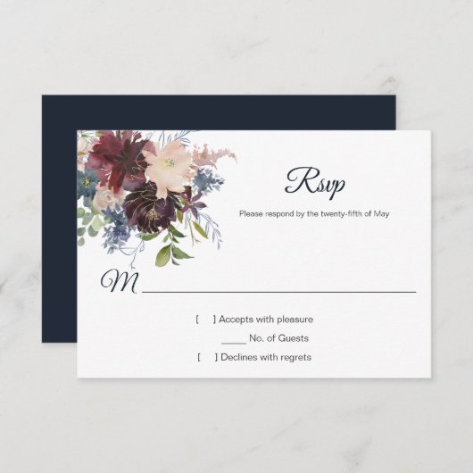 Rustieke Navy Bourgogne Gouden Waterverf Bloemen R RSVP Kaartje (Voorkant / Achterkant)