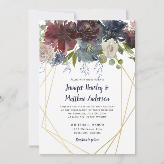 Rustieke Navy Bourgondische Roos Geometrische bloe Kaart (Voorkant)