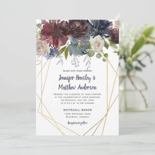 Rustieke Navy Bourgondische Roos Geometrische bloe Kaart (Staand voorkant)