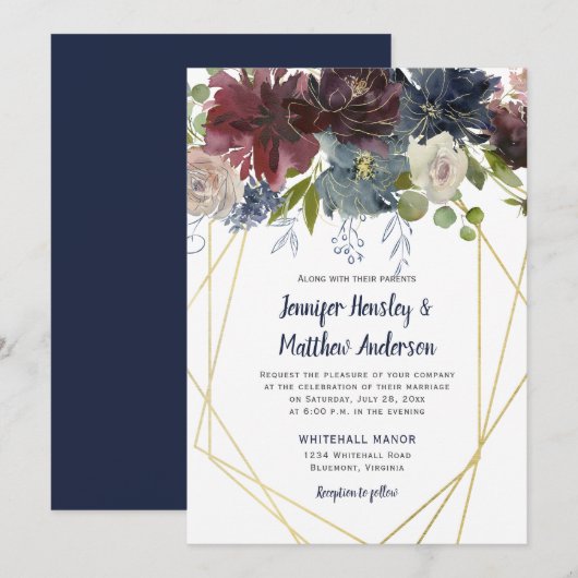 Rustieke Navy Bourgondische Roos Geometrische bloe Kaart (Voorkant / Achterkant)