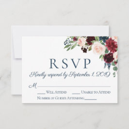 Rustieke Navy en Marsala Bloemen Bruiloft RSVP Kaa Kaartje