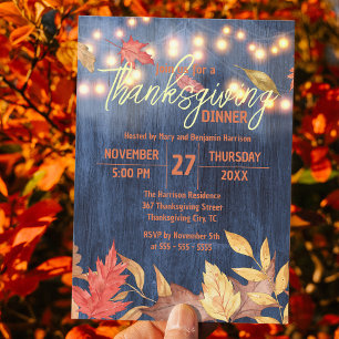 Rustieke Navy Houten Herfstbladeren Thanksgiving-d Kaart