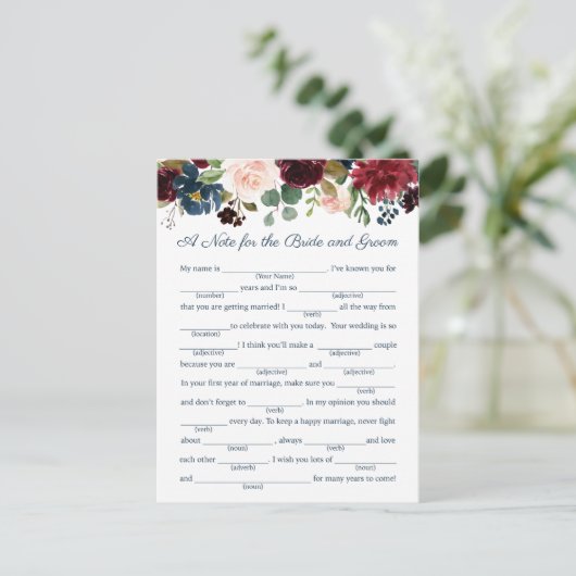 Rustieke Navy Marsala Bloemen Bruiloft Advies Kaar Briefkaart (Staand voorkant)