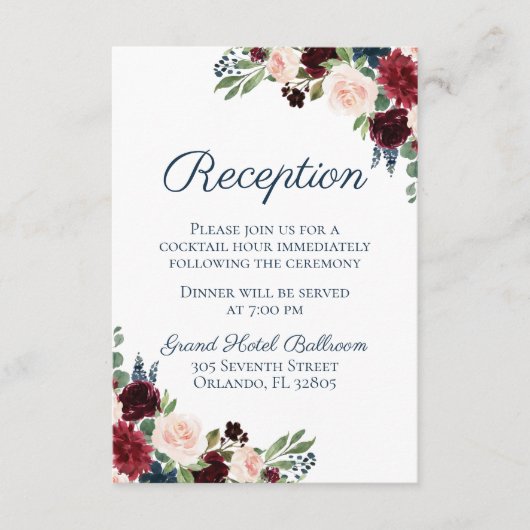 Rustieke Navy Marsala Bloemen Bruiloft Receptie Ka Informatiekaartje (Voorkant)