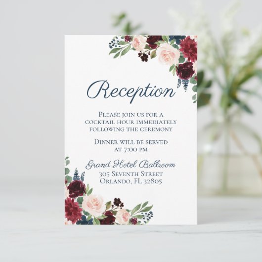 Rustieke Navy Marsala Bloemen Bruiloft Receptie Ka Informatiekaartje (Staand voorkant)