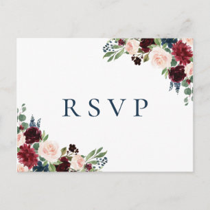 Rustieke Navy Marsala Bloemen Bruiloft RSVP Briefk Briefkaart