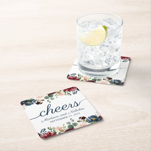 Rustieke Navy Marsala Bloemen Trouwpapier Onderzet Kartonnen Onderzetters (Insitu)