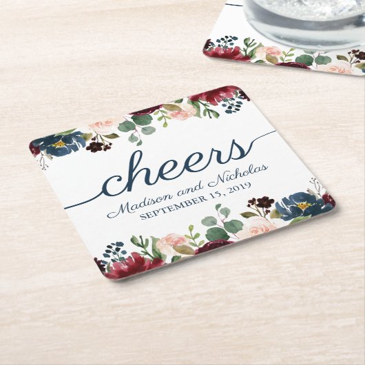 Rustieke Navy Marsala Bloemen Trouwpapier Onderzet Kartonnen Onderzetters (Schuin)