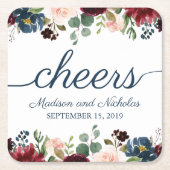 Rustieke Navy Marsala Bloemen Trouwpapier Onderzet Kartonnen Onderzetters (Voorkant)