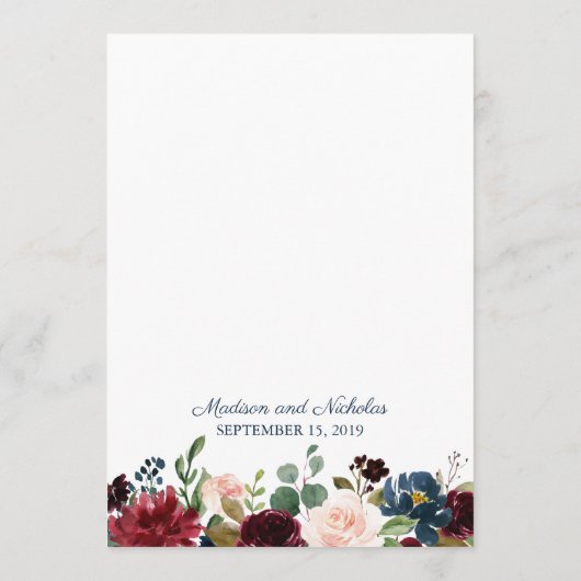 Rustieke Navy Marsala Bloemenbruiloft Menu Kaarten (Achterkant)