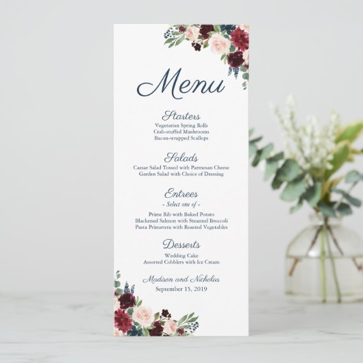 Rustieke Navy Marsala Bloemenbruiloft Menu Rack Ka (Staand voorkant)