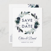 Rustieke Navy Pioen Waterverf Save the Date Aankondigingskaart (Voorkant / Achterkant)