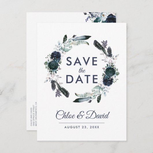 Rustieke Navy Pioen Waterverf Save the Date Aankondigingskaart (Voorkant / Achterkant)