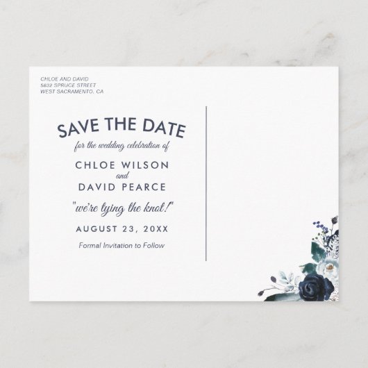 Rustieke Navy Pioen Waterverf Save the Date Aankondigingskaart (Achterkant)