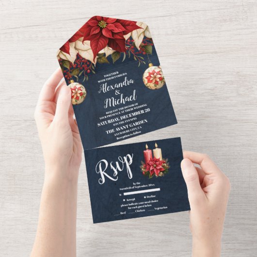 Rustieke Navy Poinsettia Bloemen Kerstbruiloft All In One Uitnodiging (Afscheurbaar)