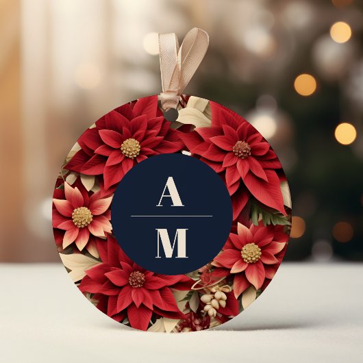 Rustieke Navy Poinsettia Bloemen Kerstbruiloft Ronde Sticker