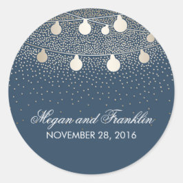 Rustieke Navy String Lights Gouden Glitter Bruilof Ronde Sticker