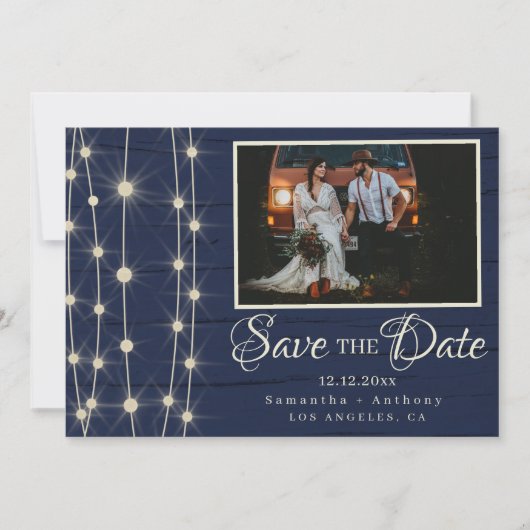 Rustieke Navy String Lights Save the Date (Voorkant)