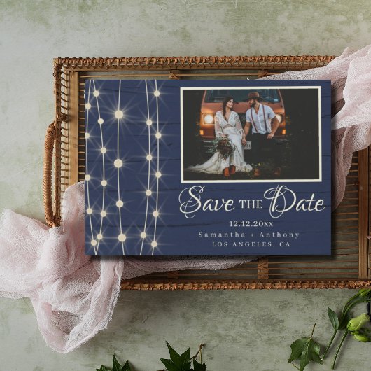 Rustieke Navy String Lights Save the Date